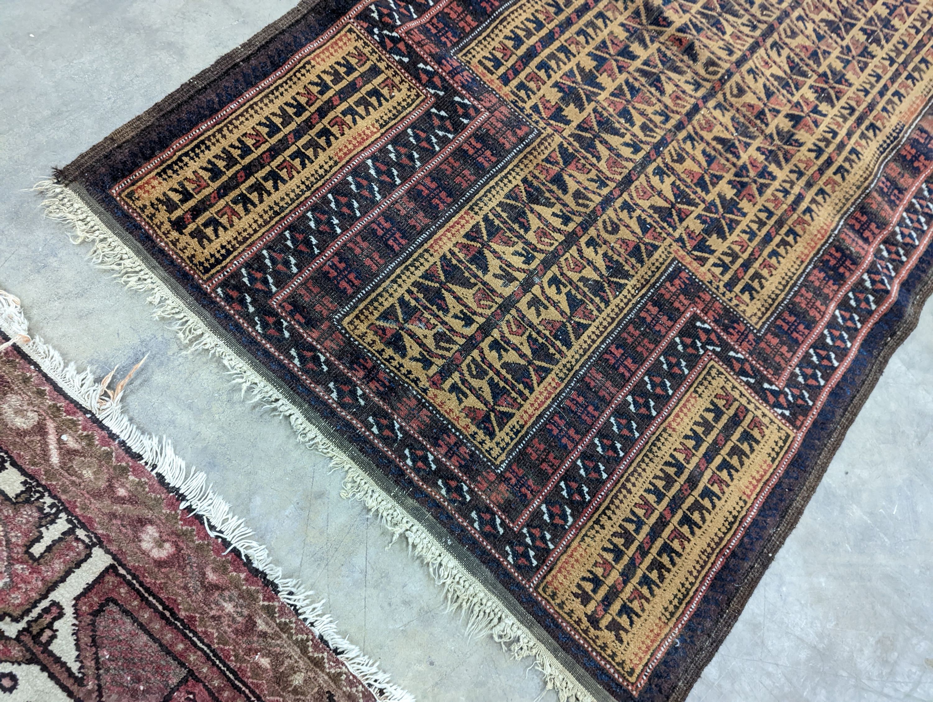 A Belouch geometric prayer rug and two Caucasian design rugs, largest 152 x 104cm